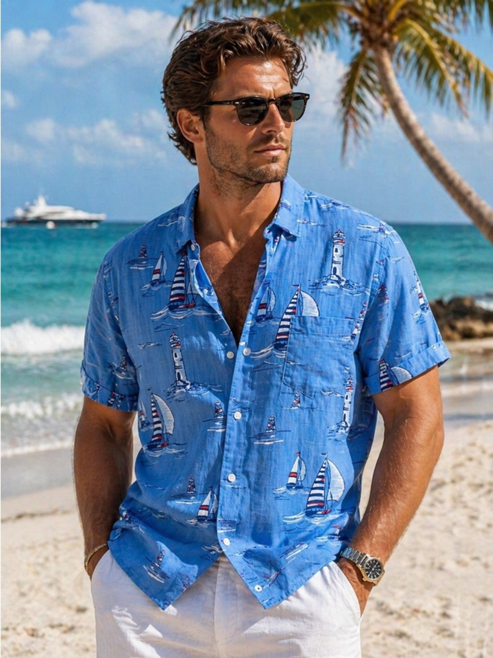 IZOD Saltwater Dockside Tropical Chambray Blue Sailboat Short Sleeve Shirt XL